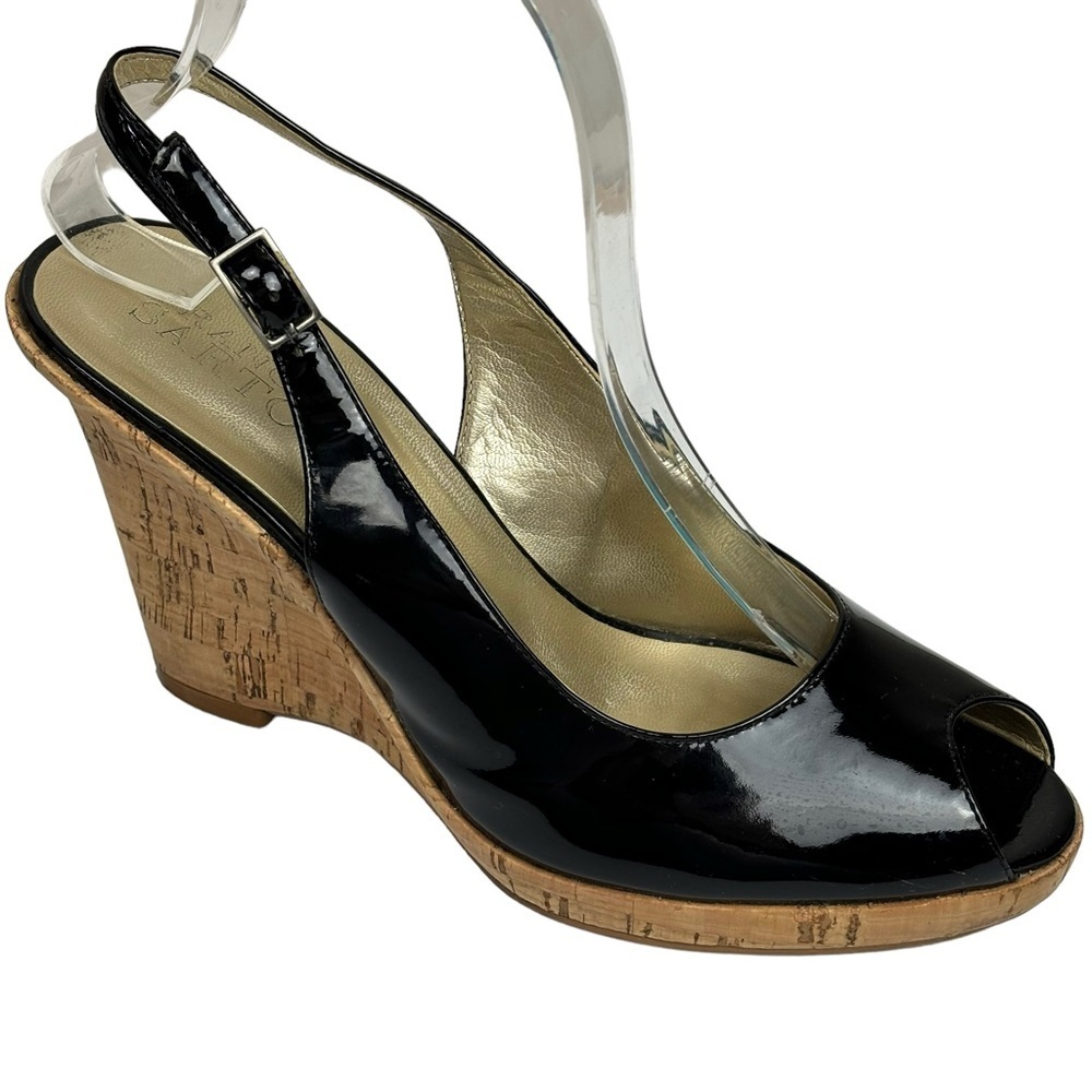 Franco Sarto Black Patent 4” Platform Cork Wedge Ankle Strap Open Toe Size 8 - Picture 2 of 10